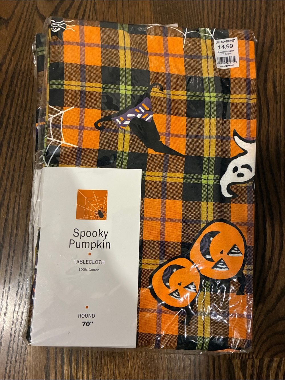 Spooky Pumpkin Round Tablecloth - Orange Plaid Halloween Print